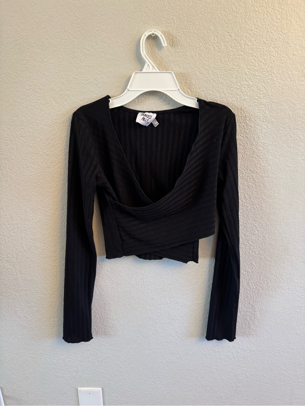 Princess Polly Black Ribbed Wrap Long Sleeve Top